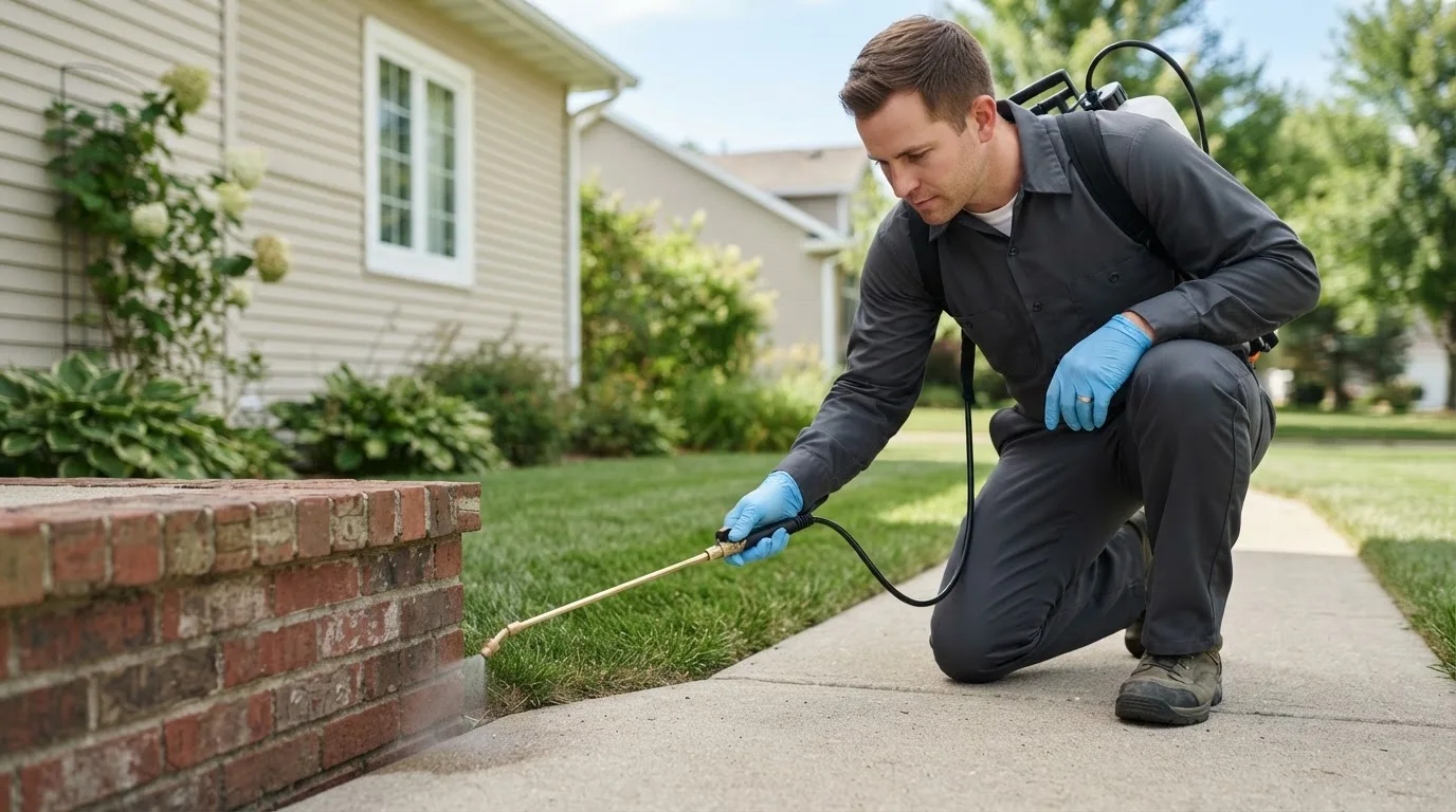 Pest control technician treating a home near Boerne, TX